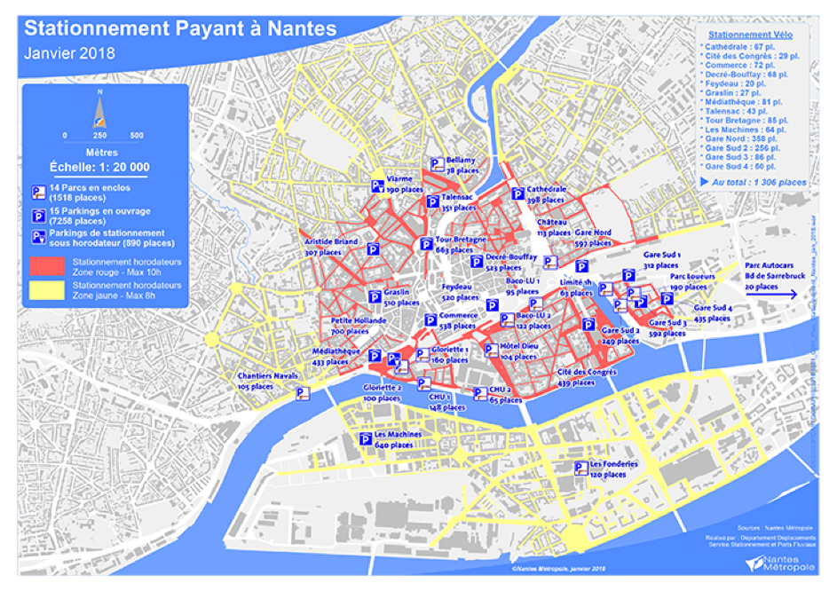 Zones de stationnement payant et gratuit à Nantes